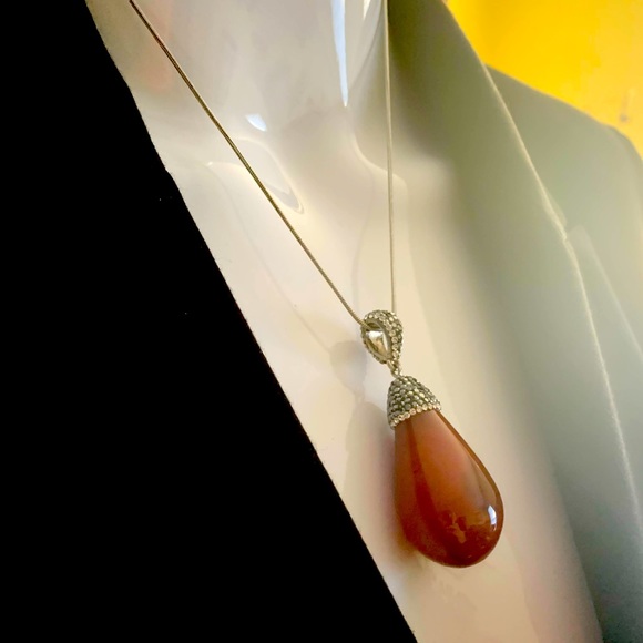 Big Semiprecious stone light brown gem stone pendant necklace rhinestones chain - Picture 8 of 15